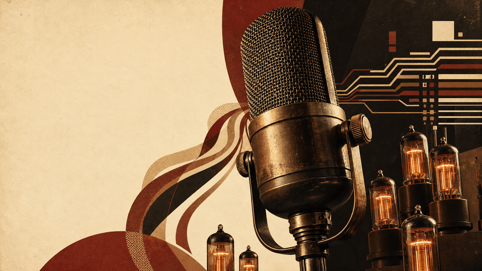 Vintage ribbon microphone beside glowing vacuum-tube lamps